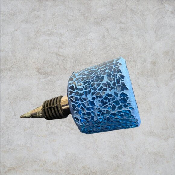 WINE STOPPER -- Unique Tea Light Holder, Blue Mosaic Glass, Fits Standard Bottle - Picture 2 of 8